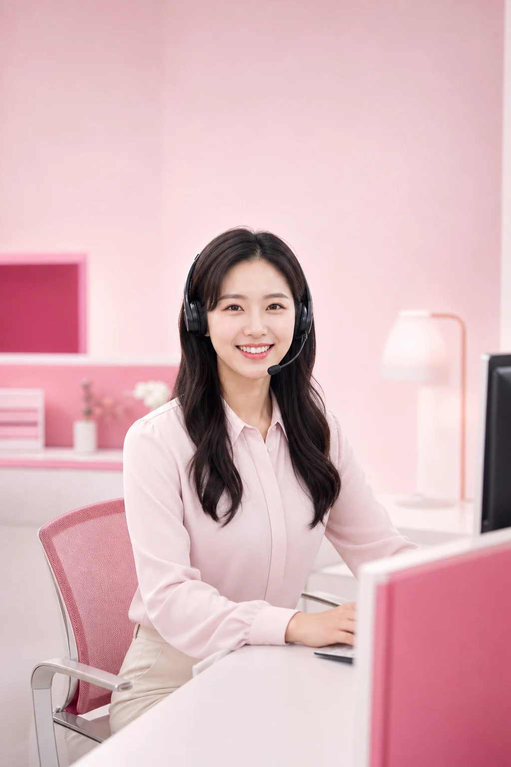 카드깡업체 수수료 다음머니 24시간 전화 문자 상담을 안내하는 헤드셋 여성 상담원 인물